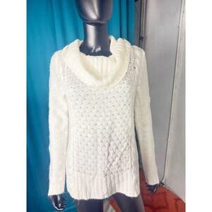Cato‎ Ivory Cable Knit Cowl Neck Sweater L Sparkle Accents Warm Winter Pullover